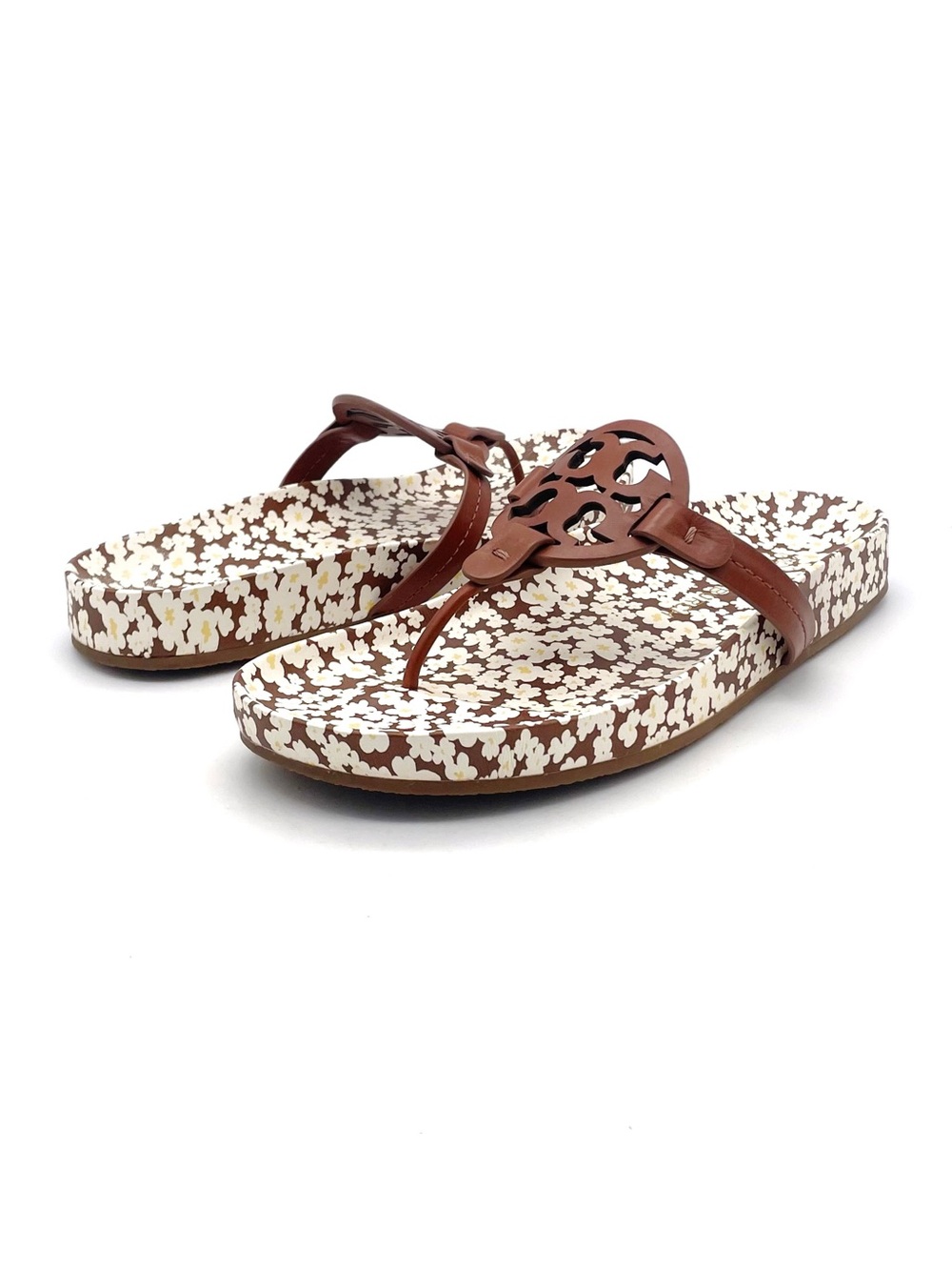 Tory Burch Miller Cloud Sandals Sz 8.5 Brown Floral Logo Leather Flip Flop Slide - Picture 7 of 16